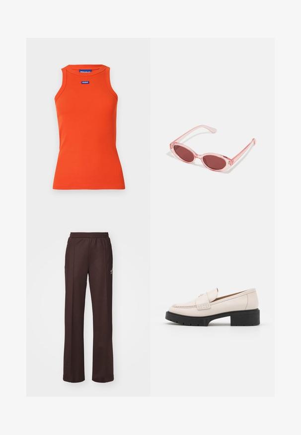 Oranssi ribattu tankkitoppi, jossa on pyöreä pääntie ja hihaton muotoilu. Edessä on sininen Hugo-logo. Sileä rakenne.; Ruskeat urheiluhousut, joissa on joustava vyötärö, kaksi sivutaskua ja pieni logo vasemmalla puolella, valmistettu pehmeästä kankaasta.; Vaaleanbeige nahkaloaferit, joissa on ommeltu etuosa ja teksturoitu musta korko. Ominaisuuksiin kuuluu kaareva muotoilu ja kevyt kohotus.; Vaaleanpunaiset läpinäkyvät aurinkolasit, joissa on soikeat linssit, tumma punainen sävy ja hoikat sankarit. Kehyksissä on sileä pinta ja hienovaraista yksityiskohtaisuutta.