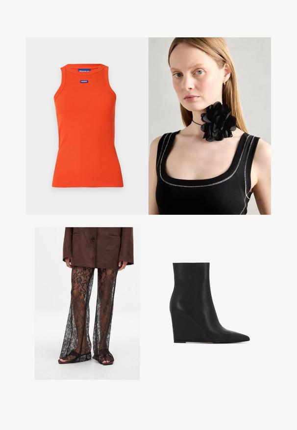 Oranžna rebrasta majica brez rokavov z okroglim izrezom. Na sprednji strani je modra Hugo oznaka. Gladka tekstura.; Črne čipkaste široke hlače s cvetličnim vzorcem, prosojne teksture in širokimi odprtinami za noge, v kombinaciji s rjavimi natikači.; Črne gležnjarje na wedge peto iz teksturirane usnje; imajo koničast nos in gladko, elegantno obliko z oblinami.; Črna cvetna choker ovratnica iz plastičenih cvetnih listov, oblečena z črnim rebrastim topom, ki ima srebrne detajle ob izrezu in ramenih.