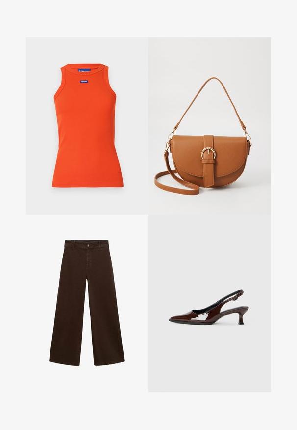 Narančasta rebrasta majica bez rukava s okruglim izrezom. Ispred se nalazi plavi Hugo logo. Glatka tekstura.; Smeđe široke hlače od pamuka, s raspucanim rubom, prednjim kopčanjem na dugme i klasičnim dizajnom s pet džepova. Minimalističke i svestrane.; Smeđe patentne kožne cipele s otvorenom petom, špicastim vrhom i umjerenom petom. Imaju remen s kopčom za sigurno pristajanje. Glatka tekstura.; Smeđa kožna torba preko tijela s zakrivljenim oblikom, zlatnim metalnim detaljima i naglaskom na kopču. Ima odvojivu naramenicu.