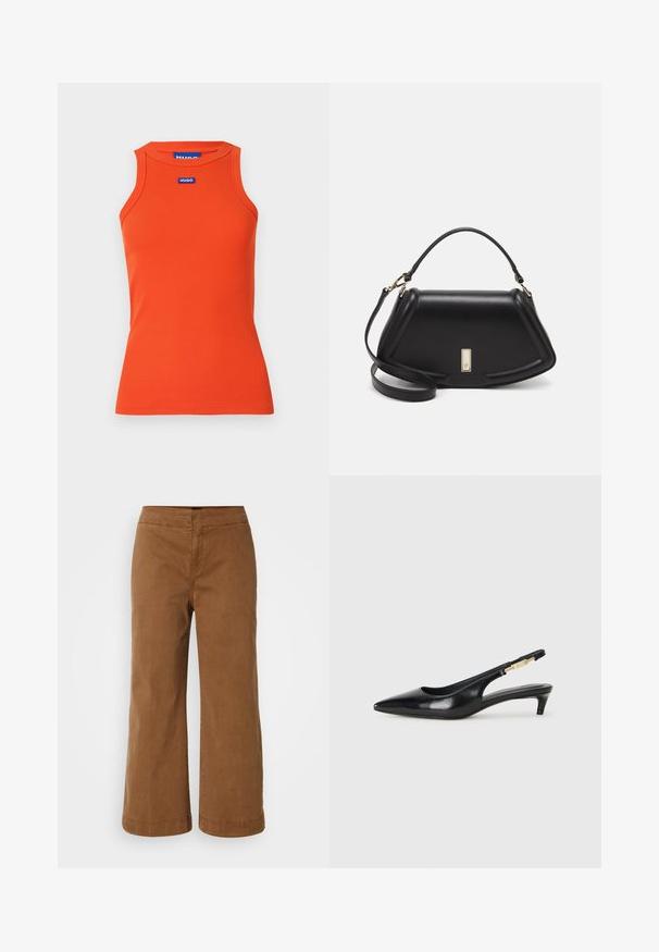 Pomarańczowy, prążkowany top na ramiączkach z okrągłym dekoltem i bez rękawów. Z przodu znajduje się niebieskie logo Hugo. Gładka tekstura.; Brązowe szerokie spodnie wykonane z miękkiego materiału o gładkiej fakturze, z wysokim stanem i przeszyciami.; Czarne skórzane szpilki typu slingback z ostrym noskiem, posiadające smukły obcas i złoty akcent na regulowanym pasku. Gładka tekstura.; Czarna skórzana torebka o strukturalnym designie, z przyciętą formą, górnym uchwytem i złotymi akcentami. W zestawie regulowany pasek na ramię.
