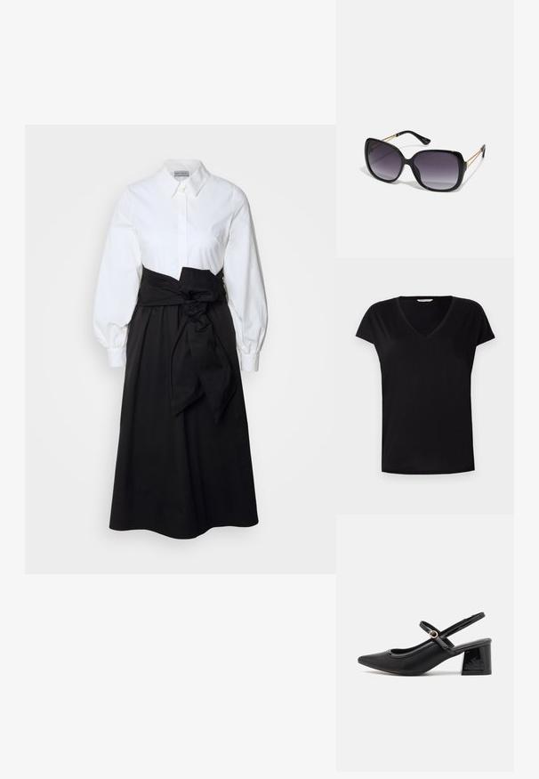 T-shirt preto de manga curta em V, feito de um tecido suave. Apresenta um corte clássico com uma costura subtil ao longo do decote e das mangas.; Camisa branca de botão com mangas bufantes longas, combinada com uma saia preta e cinto de tecido amarrado na cintura, feita de material de algodão suave.; Sabrinas de cerâmica preta com salto bloco, bico apontado e um design com recortes arredondados. Apresenta um detalhe em fivela de tom dourado.; Óculos de sol oversized pretos com lentes degradê, armações grossas e detalhes em corrente dourada nas hastes.; Saco tote preto feito de material sintético, apresentando um design retangular simples, com detalhes quadrados dourados e duas alças.