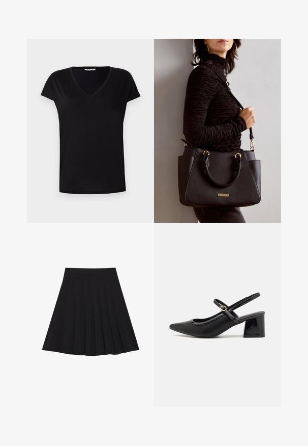 Black short-sleeve V-neck T-shirt made of smooth fabric. Features a classic cut with a subtle seam along the neckline and sleeves.; Black pleated skirt made of textured fabric with a fitted waistband. Falls to knee length, featuring a smooth, clean silhouette.; Black patent leather slingback heels with a pointed toe, a rounded cutout design, and a block heel. Features a gold-tone buckle accent.; Black handbag with textured surface, dual top handles, and adjustable shoulder strap. Features gold-tone hardware and side pockets.