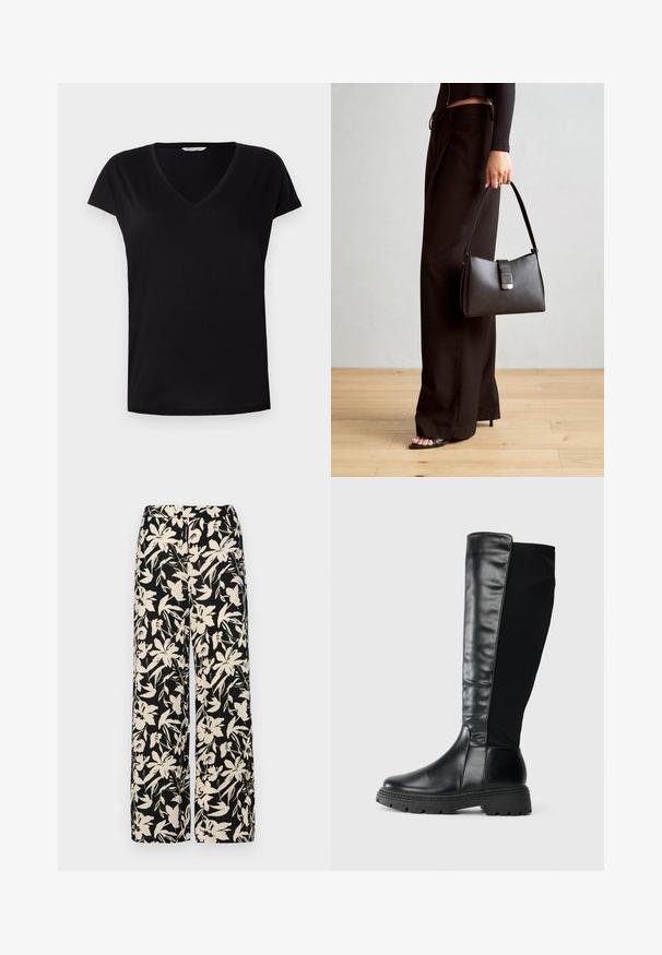 Černé tričko s krátkým rukávem a výstřihem do V z hladkého materiálu. Má klasický střih s jemným švem podél výstřihu a rukávů.; Černé kalhoty s širokými nohavicemi a krémovým květinovým vzorem. Vyrobené z lehké tkaniny, s hladkým povrchem a vysokým pasem.; Černé kozačky až po kolena s hladkým koženým předkem a textilní zadní částí, vybavené texturovanou gumovou podrážkou a zaoblenou špičkou.; Černá kabelka se strukturovaným tvarem, hladkým povrchem a kovovým uzávěrem. Kombinována s širokými černými kalhotami a sandály s otevřenou špičkou na dřevěné podlaze.