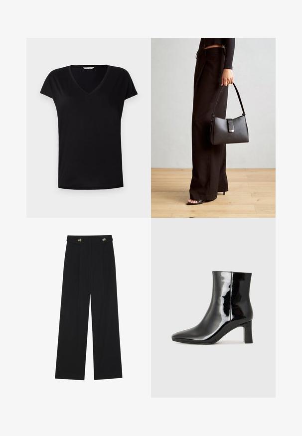 Zwart T-shirt met korte mouwen en V-hals, gemaakt van een soepele stof. Kenmerkt zich door een klassieke snit met een subtiele naad langs de halslijn en mouwen.; Zwarte wijde broek met hoge taille, knoopdetails op de tailleband en plooien aan de voorkant.; Zwarte gepolijste leren enkellaars met een spitse neus en een blokhak van gemiddelde hoogte. Glad textuur en minimalistisch ontwerp.; Zwarte handtas met gestructureerde vorm, gladde textuur en een metalen sluiting. Gecombineerd met brede zwarte broeken en sandalen met open teen op een houten vloer.