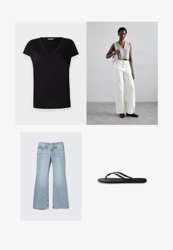Musta lyhythihainen V-neck T-paita, joka on valmistettu sileästä kankaasta. Ominaisuuksiin kuuluu klassinen malli, jossa on hillitty sauma kaula-aukossa ja hihoissa.; Weekday NOVA - Slim fit -farkut - lip blue; Mustat flip-flopit, joissa on röpelöinen kumipohja, kaksi hoikkaa remmiä ja hillitty, kohokuvioitu logotyyli remmissä.; Harmaa lyhyt liivi napilla, yhdistettynä valkoisiin leveälahkeisiin farkkuihin ja mustiin tasapohjaisiin kenkiin. Asusteena pieni hopeinen fringelaukku.