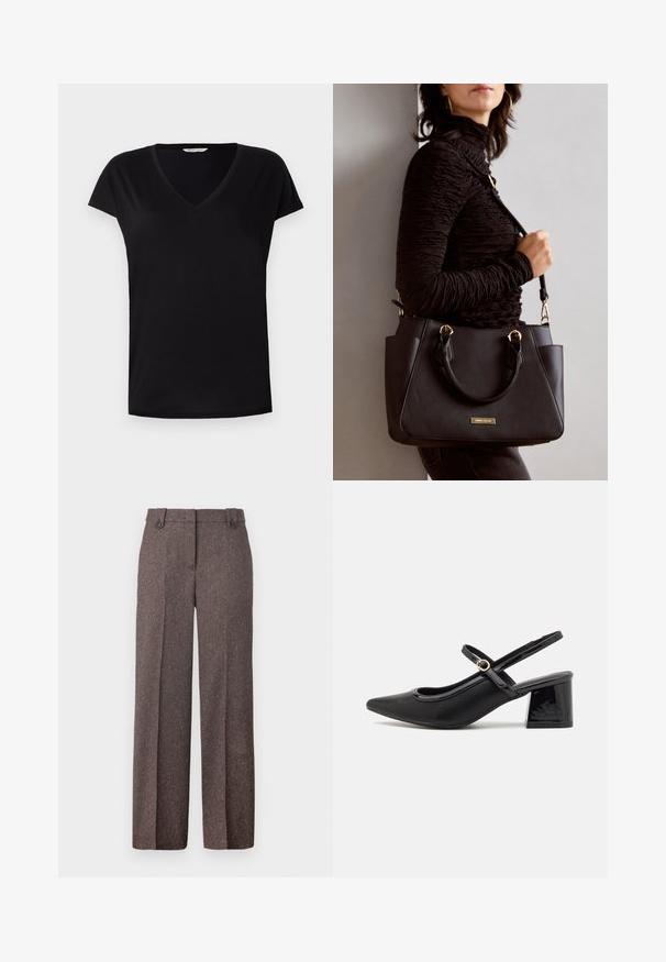 T-shirt preto de manga curta em V, feito de um tecido suave. Apresenta um corte clássico com uma costura subtil ao longo do decote e das mangas.; Calças largas castanhas feitas de um tecido texturizado. Apresentam dois bolsos frontais e um ajuste entalhado com dois botões na cintura.; Sabrinas de cerâmica preta com salto bloco, bico apontado e um design com recortes arredondados. Apresenta um detalhe em fivela de tom dourado.; Bolsa preta com superfície texturizada, alças superiores duplas e alça de ombro ajustável. Apresenta ferragens em tom dourado e bolsos laterais.