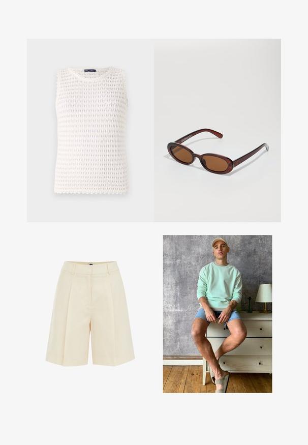 Ärmlös vit stickad linne med ett texturerat mönster, vågiga kanter och en något lös passform. Tillverkad av andningsbart tyg.; Beige veckade shorts med skräddarsydd design, med en mjuk textur och sidofickor, skurna ovanför knäna för en avslappnad passform.; Mintgrön sweatshirt, denimshorts och olivgröna slip-ons. Sitter på en ljus byrå mot en strukturerad grå vägg.; Runda, bruntonade solglasögon med en glansig bordeauxfärgad ram. Smala bågar med subtilt varumärkesdetalj. Platt linsdesign.; Vävd halmstruktur med bruna läderdetaljer, två handtag och en avtagbar rem. Böjd form med en stabil botten.