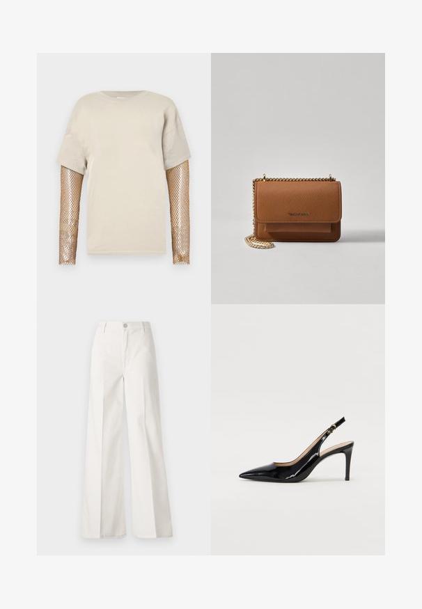 Bež lühikeste varrukatega T-särk metallikult kuldsete kalavõrgu pikkade varrukatega. Kangas on sile ja disain sisaldab ümarat kaelus.; Valged laiade jalgadega püksid, mis on valmistatud siledast puuvillast. Omab esitallist ning lukuga sulgemist ja nelja tasku disaini.; Must hõbedavärvi patendiga slingback kontsakingad terava varbaga, kitsas konts ja peene lõikega disain. Statistika on kuldne pandla rihmal.; Pruun tekstureeritud nahk ristkeha kott kuldse ahelaga rihmaga ja klapiga sulgemine. Esiküljel on logo detail ja tasku klapi all.