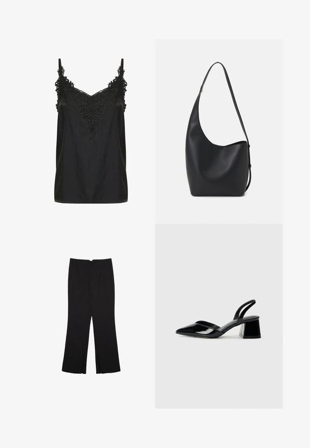 Černý top s výstřihem do V a jemnými krajkovými detaily kolem výstřihu. Obsahuje tenké ramínka a hladkou, lehkou tkaninu.; Černé kalhoty s rovným střihem, s předními kapsami a bočními rozparky na lemu. Vyrobené z jemné, hladké tkaniny. Vhodné na různé příležitosti.; Černé lakované kožené lodičky na pásku s špičatou špičkou a geometrickým blokovým podpatkem. Vyznačují se elegantním, minimalistickým designem a hladkým povrchem.; Černá kožená hobo taška s hladkým povrchem, zakřiveným tvarem a jedním nastavitelným popruhem; má široké otevírání nahoře.