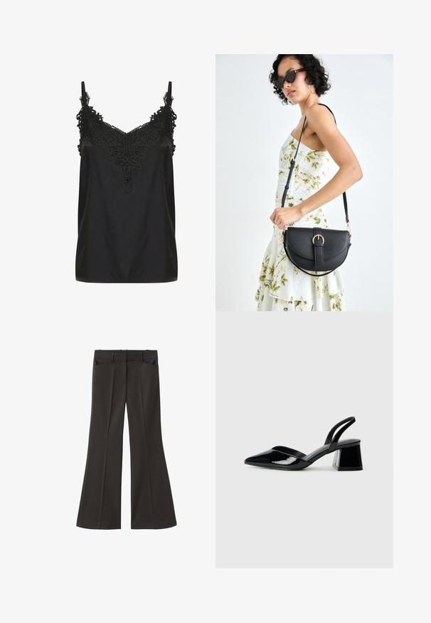 Black camisole with a v-neck and intricate lace detailing at the neckline. Features spaghetti straps and a smooth, lightweight fabric.; Black flared trousers with a high waist; features two front pockets and a smooth fabric texture. Suitable for various occasions.; Black patent leather slingback heels with a pointed toe and a geometric block heel. Features a sleek, minimal design and smooth texture.; Black leather handbag with a curved shape, detachable strap, and gold hardware. The bag features a flap with a buckle detail.
