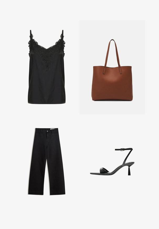 Zwart cami-top met een v-hals en ingewikkelde kantdetails bij de halslijn. Voorzien van spaghettibandjes en een soepele, lichte stof.; Zwarte denim broek met wijde pijpen en een hoge taille, voorzien van voor- en achterzakken, gestikte naden en een knoopsluiting. Gladde textuur.; Bershka Sandalen met hoge hak - black; Bruine leren tote bag met een gladde textuur, een ontwerp met een open bovenkant en twee schouderbanden. Kenmerkt zich door minimale stiksels en geen zichtbare hardware.
