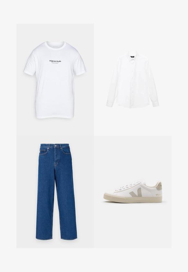 Biała bawełniana koszulka z krótkim rękawem. Na przodzie znajduje się czarny nadrukowany logo "Originals Studio". Klasyczny design z okrągłym dekoltem.; Biała koszula z długim rękawem, z kołnierzykiem zapinanym na guziki, guzikami z przodu, prostym dołem i miękkiej bawełnianej tkaniny. Minimalistyczny design bez wzorów.; Szerokie niebieskie dżinsy wykonane z denimu, z wysokim stanem, pięcioma kieszeniami i kontrastowymi szwami wzdłuż szwów i kieszeni.; Białe skórzane sneakersy z beżowymi akcentami, płaską gumową podeszwą, okrągłym czubkiem i kontrastowym logo z boku i z tyłu. Zawiązywany fason.