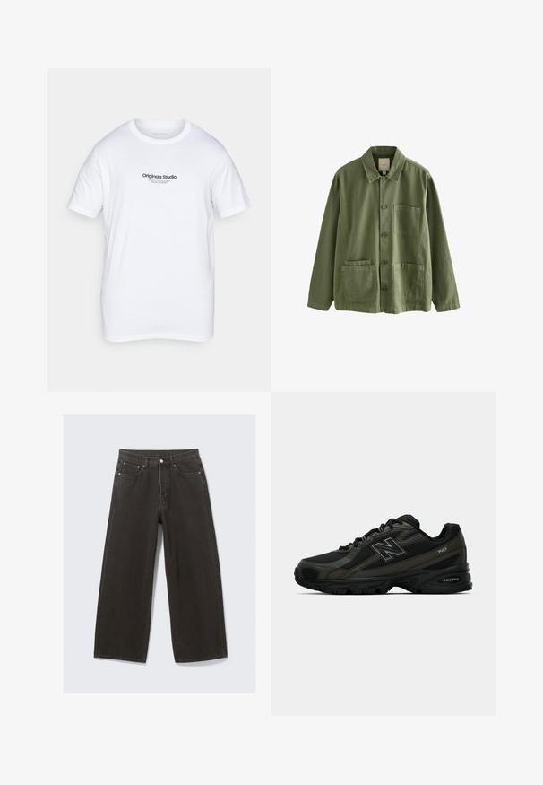 Witte katoenen t-shirt met korte mouwen. Voorzien van een zwarte bedrukte logo "Originals Studio" op de voorkant. Klassiek ontwerp met ronde hals.; Olijfgroene jas van katoen met een knoopsluiting, spitse kraag en vier zakken. Heeft een relaxte pasvorm en een zachte textuur.; Wijdbenige zwarte denim jeans hebben een hoge taille, vijf zakken en een knoopsluiting. De stof heeft een zachte, gestructureerde afwerking.; Zwarte sportieve schoenen met een gestructureerde synthetische bovenkant, uitgerust met een gevoerde zool en een opvallend "N"-logo aan de zijkant. Het ontwerp bevat lichte mesh-secties.