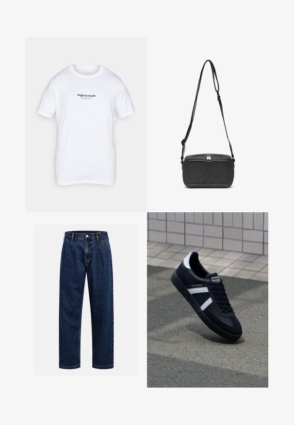 White cotton t-shirt with short sleeves. Features a black printed logo "Originals Studio" on the front. Classic crew neck design.; Dark blue denim jeans with a straight-leg design. Features visible stitching, a button closure, and front pleats for added detail.; Black leather sneaker with white stripes, textured rubber sole, and lace-up front. Features a branded label on the tongue.; Black leather crossbody bag with a zip closure, embossed logo on the front, and adjustable strap. Smooth texture with a rectangular shape.