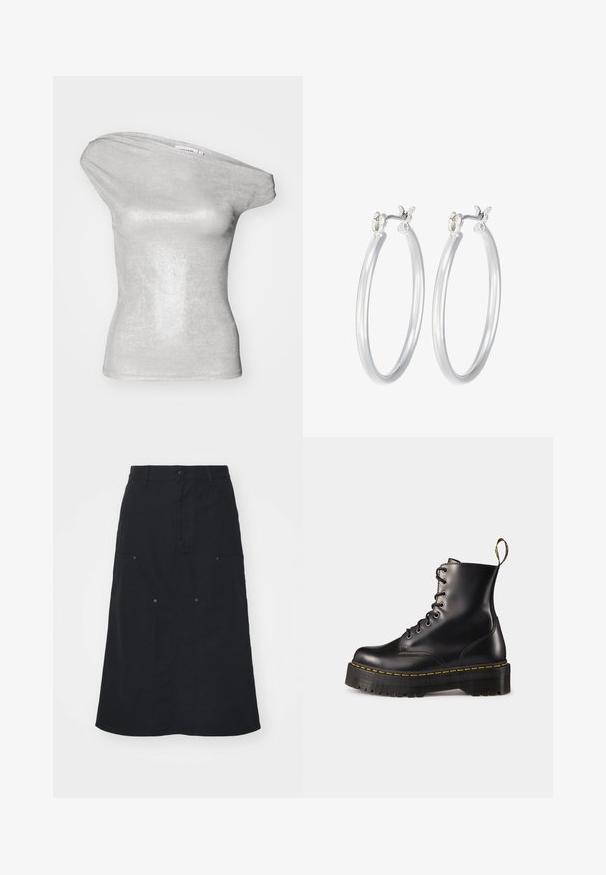 Weekday SHIMMER DRAPE - T-Shirt print - silver; Schwarzer Rock aus Baumwolle, mit einer Vorderknopfleiste, zwei großen Taschen und einer geraden Silhouette. Sanfte Textur.; Schwarze Leder-Schnürstiefel mit knöchelhohem Schaft, einer robusten schwarzen Sohle und gelben Nähten. Verfügt über eine Lasche hinten und runde Metallösen.; Silberne Creolen mit einer glatten, polierten Oberfläche. Runder Form und sicherem Klickverschluss. Leichtes Design, geeignet für den täglichen Gebrauch.