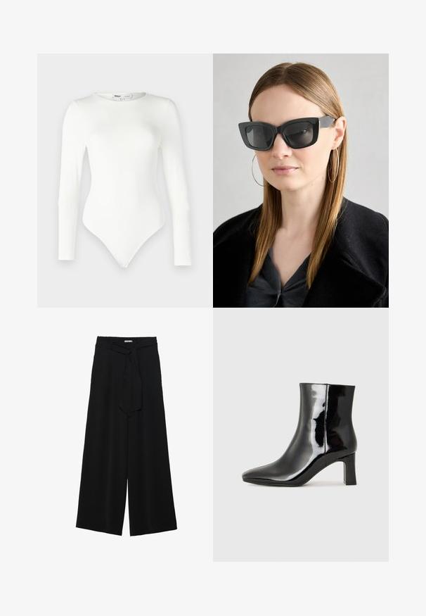ONLY Petite ONLLONE BODYSTOCKING - Long sleeved top - cloud dancer; Black wide-leg pants featuring a textured fabric, an elastic waistband, and a detachable sash tie at the waist for adjustable fit.; Black patent leather ankle boot with a pointed toe and a mid-height block heel. Smooth texture and minimalist design.; Black cat-eye sunglasses with dark lenses, thick frames, and subtle accents. Worn with a black coat and gray top, featuring long straight hair.