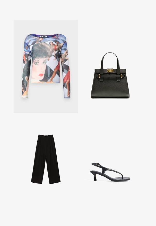 Langärmliges Mesh-Oberteil mit einem bunten Grafikdruck von Figuren auf einem geometrischen Hintergrund. Glatte Textur mit rundem Ausschnitt.; Schwarze, weit geschnittene Hose mit hoher Taille, ausgestattet mit einem Gürtel in der Taille und Falten für Struktur. Hergestellt aus einem glatten, leichten Stoff.; Schwarze Ledersandale mit schlankem Design, dünnen Riemen und einem kleinen Absatz. Verfügt über eine Schnallenakzent und eine glatt strukturierten Fußbett.; Schwarze, strukturierte Tragetasche mit kurzen Griffen, ausgestattet mit einem goldenen Verschluss und Akzenten. Das Design ist strukturiert und weist eine geometrische Silhouette auf.; Goldfarbene rechteckige Armbanduhr mit minimalistischem Design, ausgestattet mit einem cremfarbenen Zifferblatt, goldenen Zeigern und einem Gliederarmband aus Metall. Die Markierungen umfassen den Markennamen.