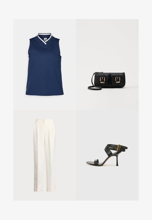 Námořnický bezrámový top s véčkovým výstřihem, vyrobený z hladké tkaniny. Obsahuje kontrastní bílý lem límce a malé logo na lemu.; Polo Ralph Lauren HEMP WIDE LEG PANT - Kalhoty - nevis; Černé sandály na podpatku s kříženými popruhy a nastavitelnou sponou. Mají hladký povrch a špičatý stiletto podpatek.; Černá kožená crossbody taška se dvěma předními kapsami, zlatými přezkami, zipovým uzávěrem a štíhlým popruhem. Texturovaný povrch a kompaktní obdélníkový tvar.
