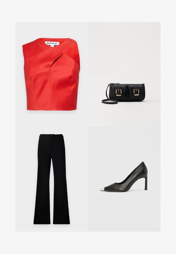 Red cropped top with a unique asymmetrical neckline, made from a smooth fabric. Features subtle pleating and no visible fastenings.; Black flared pants featuring a smooth texture, tailored waistband, and front pockets, designed with a sleek, modern silhouette.; Black leather high heel shoe with a pointed toe and a metallic silver cap. Features a smooth finish and a slender 10 cm heel.; Black leather crossbody bag with two front pockets, gold buckles, zipper closure, and a slim strap. Textured surface and compact rectangular shape.