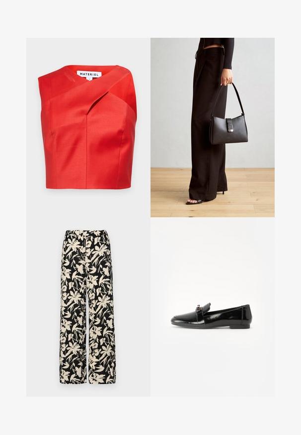 Rdeč kratki top z edinstvenim asimetričnim izrezom, izdelan iz gladkega materiala. Ima subtilne gubice in brez vidnih zakov. ; Črne široke hlače z kremnim cvetličnim vzorcem. Narejene so iz lahkega blaga, ki ima gladko teksturo in visok pas.; Črne lakirane usnjene loaferske čevlje s ravnim podplatom, zaobljenim nosom in dekorativnim pasom z zlatim naglasom. Gladek, sijoč poljšček.; Črna torbica z strukturirano obliko, gladko teksturo in kovinskim zaponko. Ujemajo se z širokimi črnimi hlačami in odprtimi sandali na lesenem tleh.