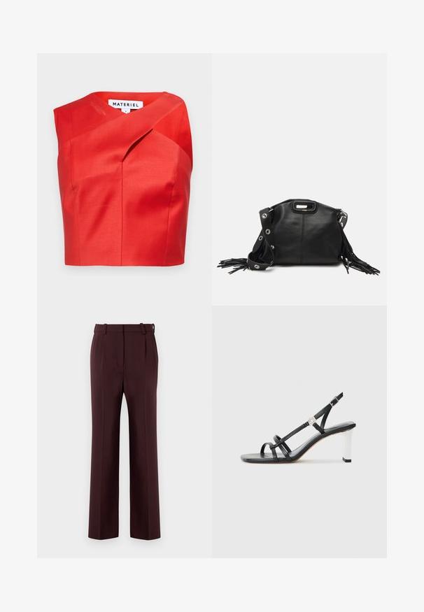 Sarkans īss topiņš ar unikālu asimetrisku dekoltē, izgatavots no gludas auduma. Iekļauj izsmalcinātu krokas un nav redzamu aizdari.; Burgundijas krāsas piegrieztas bikses ar augstu jostasvietu, taisnu kāju un krokām. Izgatavotas no gludas auduma ar jostascilpām un bez acīmredzamām rakstu apdrukām.; Melni papēžu sandales ar vairākiem šauriem siksniņām, slingback dizains un sudraba akcenti uz papēža. Gluda augšējā materiāla un kvadrātveida papēdis.; Maje MISS MINI - Soma ar siksnu pāri ķermenim - noir