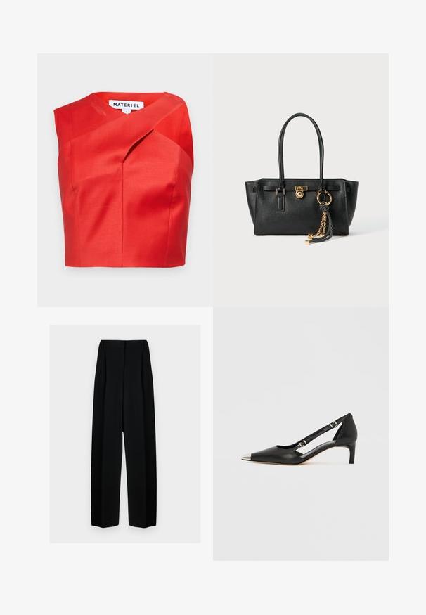 Red cropped top with a unique asymmetrical neckline, made from a smooth fabric. Features subtle pleating and no visible fastenings.; Black wide-leg trousers with a high waist, featuring pleats and a smooth texture. The fabric appears lightweight and drapes elegantly.; Black leather kitten heel with pointed silver toe cap and dual buckle straps on a white background.; Black leather handbag with double handles, gold lock and chain detail, and black-and-white tassel accessory against white background.