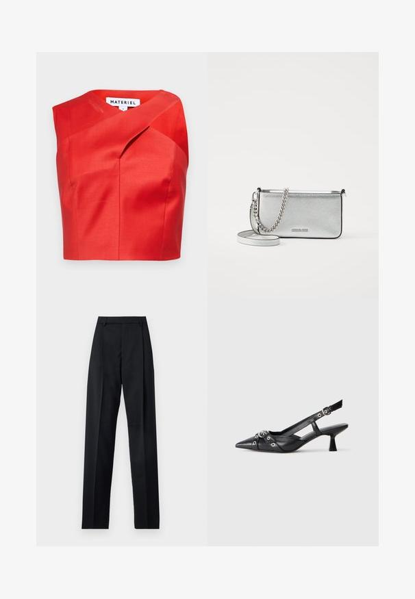 Piros, rövidített top egyedi aszimmetrikus nyakkivágással, sima anyagból készült. Diszkrét redők jellemzik, látható záródás nélkül.; Fekete nadrág sima anyagból, magas derékkal, széles lábakkal, elülső redőkkel és klasszikus övhurkokkal. Oldalzsebek nem láthatók.; Fekete bőr slingback cipő hegyes orral, dekoratív pántokkal, fém szemekkel és alacsony blokk sarkú. Texturált felület.; Ezüst bőr keresztpántos táska texturált felülettel, lánc- és pántdíszítéssel, valamint cipzáras záródással. Elöl logó található.