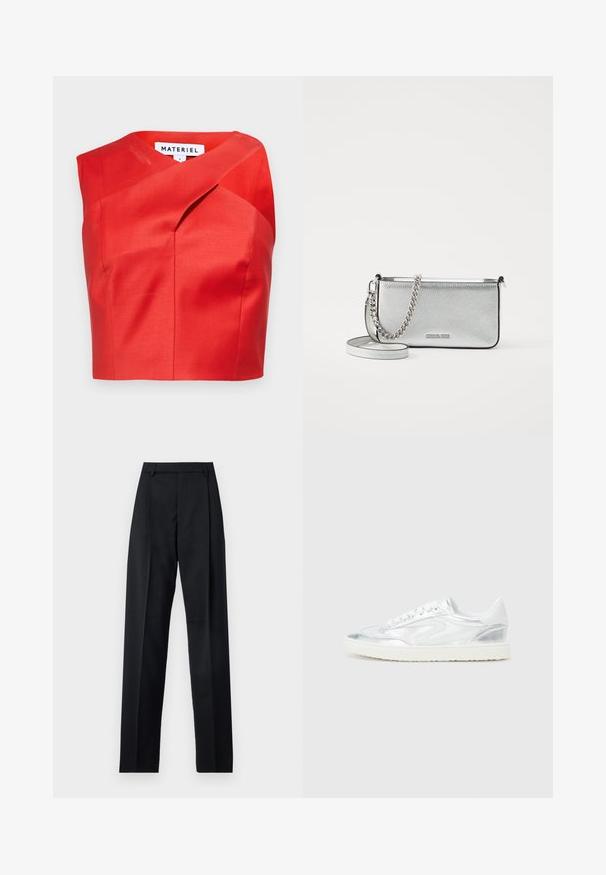 Red cropped top with a unique asymmetrical neckline, made from a smooth fabric. Features subtle pleating and no visible fastenings.; Black trousers made from smooth fabric featuring a high waist, wide legs, front pleats, and classic belt loops. No side pockets visible.; White sneakers with metallic silver accents, smooth texture, round toe, flat sole, and traditional lace-up design.; Silver leather crossbody bag with a textured finish, chain and strap accents, and a zipper closure. Features a logo on the front.