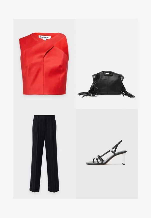 Crveni skraćeni top s jedinstvenim asimetričnim dekolteom, napravljen od glatkog materijala. Ima suptilno nabiranje i nema vidljivih kopči.; Crne prugaste hlače s krojem po mjeri, s opšivenim rubom i prednjim naborima. Izrađene od glatkog materijala s čvrstim dizajnom.; Crne sandale na visokoj potpetici s više uskih trakica, dizajnom s remenom oko pete i srebrnim detaljem na potpetici. Glatki gornji materijal i kvadratna potpetica.; Maje MISS MINI - Torba preko tijela - noir