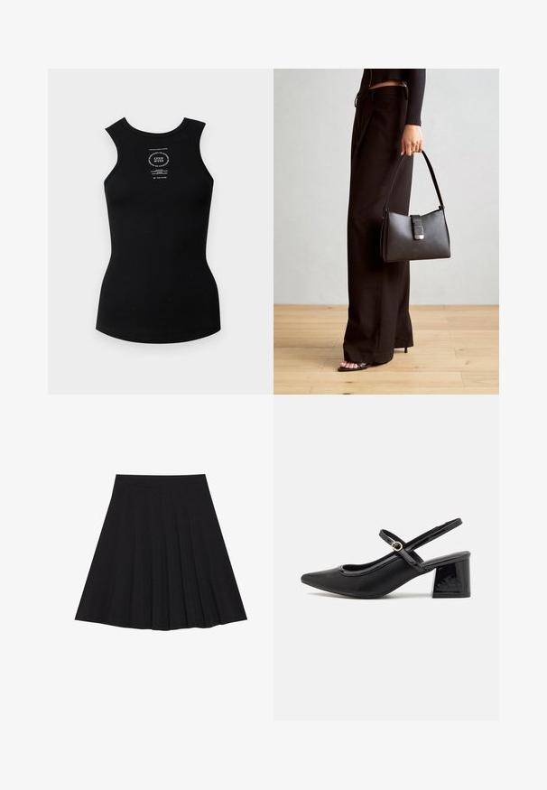 Crna rebrasta majica bez rukava s okruglim izrezom. Ima bijeli otisnuti logo u centru. Glatka tekstura.; Crna plisirana suknja izrađena od teksturiranog materijala s uskim strukom. Pada do koljena, a ima glatku, čistu siluetu.; Crne lakirane slingback visoke potpetice s šiljastim vrhom, zaobljenim izrezom i blok potpeticom. Sadrži akcent zlatnog tona s kopčom.; Crna torba s oblikom koji sadrži strukturu, glađu teksturu i metalnu kopču. Uparena s širokim crnim hlačama i sandalama na otvorenom s drvenog poda.