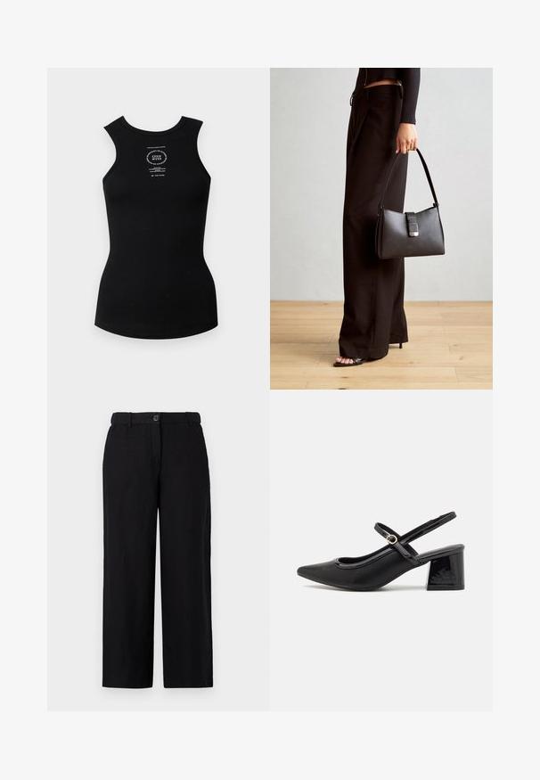 Black ribbed tank top with a crew neckline and sleeveless design. Features a white printed logo in the center. Smooth texture.; Black wide-leg pants made of a lightweight fabric, featuring a front button closure and belt loops. Smooth texture with no visible patterns.; Black patent leather slingback heels with a pointed toe, a rounded cutout design, and a block heel. Features a gold-tone buckle accent.; Black handbag with structured shape, smooth texture, and a metallic clasp. Paired with wide black pants and open-toe sandals on wooden floor.