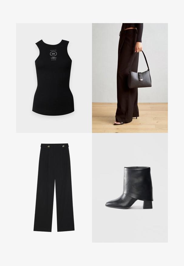 Fekete, bordázott ujjatlan trikó, kerek nyakkivágással. Középen fehér nyomtatott logó található. Sima textúrájú.; Fekete, bő szárú nadrág magas derékkal, gombos részletekkel a derékrészen és elülső pliszékkal.; Fekete bőr bokacsizma, hegyes orral, sima felülettel és strukturált blokk sarokkal. Magas, hajtott szegéllyel rendelkezik.; Fekete kézi táska strukturált formával, sima textúrával és fémből készült záródással. Széles fekete nadrággal és nyitott orrú szandállal párosítva, fából készült padlón.