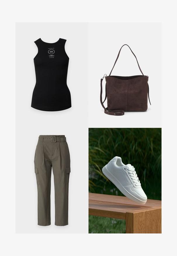 Black ribbed tank top with a crew neckline and sleeveless design. Features a white printed logo in the center. Smooth texture.; Cargo pants in olive green, made of lightweight fabric. Features include a belted waist, front pleats, and side pockets with flap closures.; White sneaker with a smooth synthetic upper, perforated toe box, flat laces, and a textured sole, displayed on a wooden surface.; Brown suede tote bag with a soft texture, featuring a single shoulder strap and a subtle curved top opening. No visible hardware details.