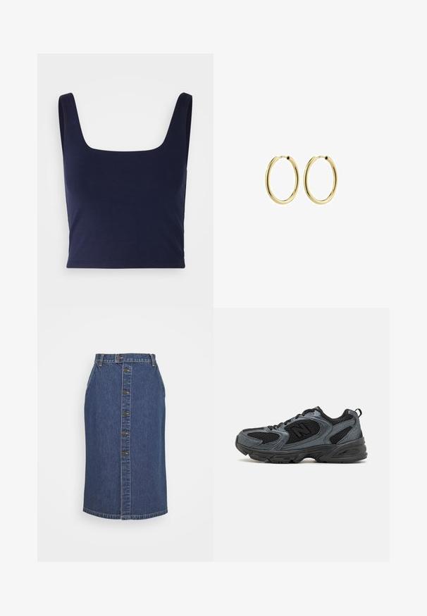 Temno modra kratka majica izdelana iz gladkega bombažnega blaga, z kvadratnim izrezom in širokimi naramnicami ter prilegajočim krojem.; Denim svinčnik krilo v temno modri barvi, z sprednjim gumbom, vertikalnimi šivi in klasičnim robom.; Črne in sive atletske pete s teksturirano mrežasto zgornjiko, gumijastim podplatom in podporno zasnovo. Vsebujejo logo in sistem vezalk.; Zlate kovinske obročaste uhane z gladko površino, krožno obliko in varnim zapiralom. Polirana površina brez vidnih vzorcev ali dodatkov.