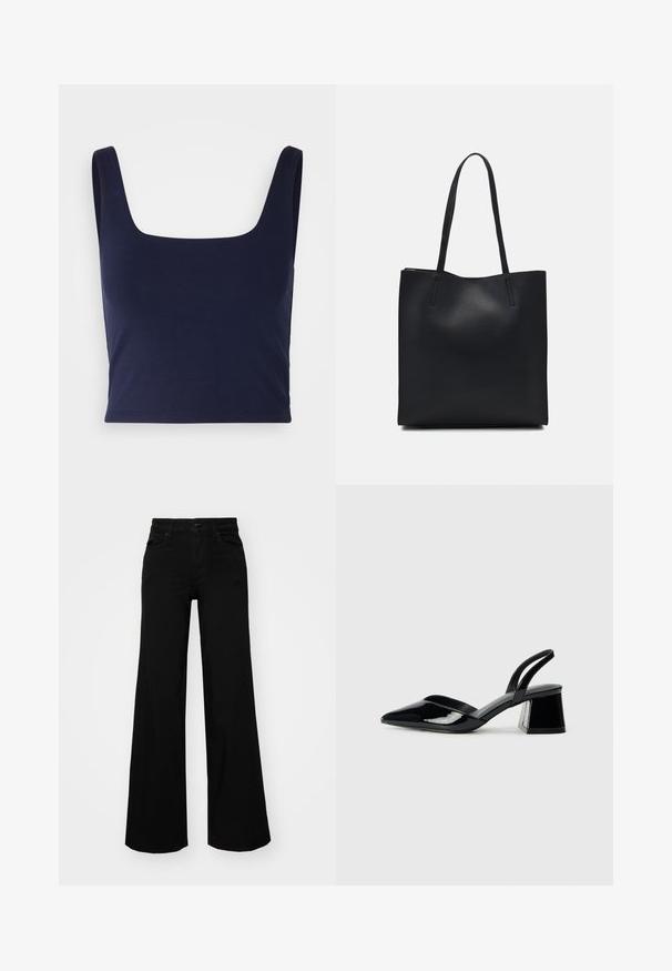 Kornblumenblaues Crop-Top aus glattem Baumwollstoff, mit quadratischem Ausschnitt und breiten Schulterträgern, in figurbetontem Schnitt.; Schwarze weit geschnittene Hose aus Denim, mit einem strukturierten Bund, Gürtelschlaufen und Fronttaschen. Glatte Textur mit klassischem Design.; Schwarze Lackleder-Slingback-High Heels mit spitzem Schuh und einem geometrischen Blockabsatz. Verfügt über ein schlankes, minimalistisches Design und eine glatte Textur.; Schwarze Laptoptasche aus Leder mit glatter Textur, rechteckiger Form und zwei langen Griffen. Keine sichtbaren Beschläge oder Verzierungen.