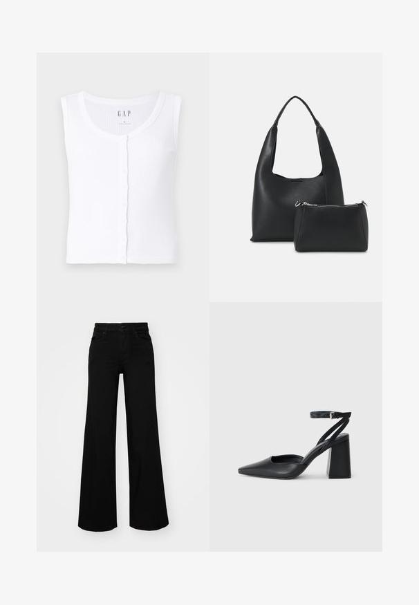 White ribbed tank top with a scoop neckline, featuring a front button closure. Fabric is soft with a smooth texture. Brand label: GAP. Size: S.; Black wide-leg pants made of denim, featuring a structured waistband, belt loops, and front pockets. Smooth texture with a classic design.; Black leather pointy-toe pump with an ankle strap and a chunky heel. Flat texture, sleek design, and minimalistic aesthetics.; Even&Odd Handbag - black