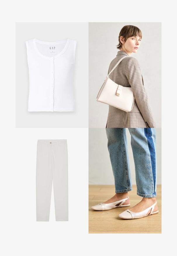 Biele pruhované tielko s okrúhlym výstrihom a predným zapínaním na gombíky. Tkanina je mäkká s hladkým povrchom. Značka: GAP. Veľkosť: S.; Biele, priliehavé nohavice s rovnými nohavicami, so zapínaním na gombík, pútkami na opasok a bočnými vreckami; hladká textúra látky.; Svetloružové slingback baleríny s jemne špicatou špičkou, vyrobené z hladkého materiálu pripomínajúceho kožu. Majú výrezové detaily na stranách a plochý opätok.; Biely kožený kabelka so štruktúrovaným dizajnom, s magnetickým uzáverom a ramenným popruhom, vystavená na neutrálnom pozadí.