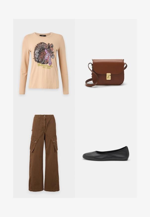 Weekend Max Mara OPACO - Longsleeve - sabbia; Weekend Max Mara LUCY HALE ELVY - Cargobroek - marrone; Zwarte leren ballerina met een ronde neus, gladde textuur, minimale stikdetails en een flexibele zoolontwerp.; Bruine leren handtas met een klep sluiting, gouden hardware, een schouderband en een gladde textuur. Compact rechthoekige vorm.