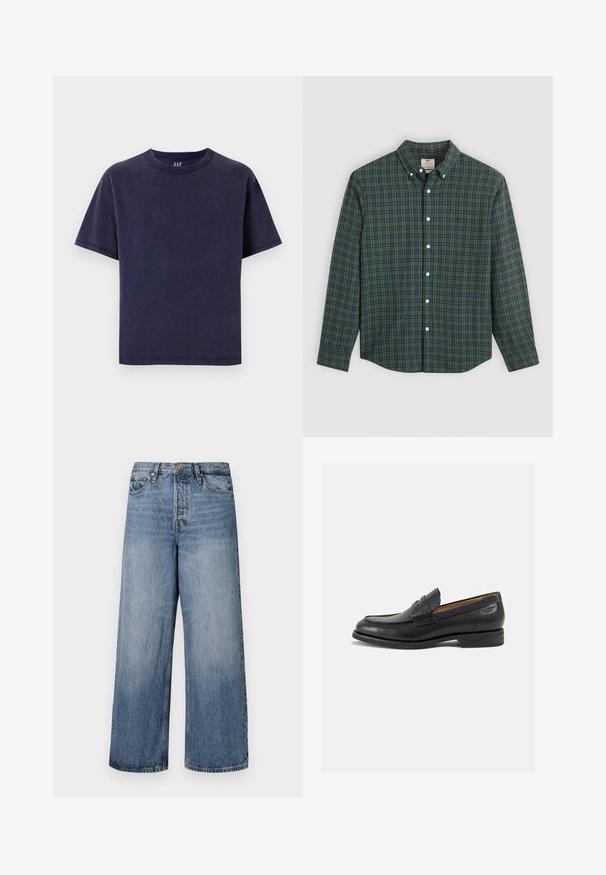 Marineblå bomulds T-shirt med rund halsudskæring, korte ærmer og afslappet pasform. Har en ensfarvet farve uden synlige mønstre eller accenter.; Langærmet skjorte med knapper i grønne, blå og gule tern, hvide knapper og krave med knapper.; Vidde ben blå denim jeans med en falmet vask, fem-lomme design og knaplukning. Udstyret med bælteløkker og sømdetaljer.; Sorte læder loafers med en glat finish, rund tå og dekorativ syning på vampen. Lav stablet hæl og let glans.