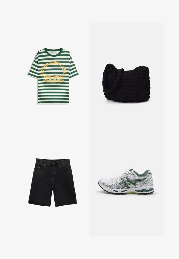 Vihreä ja valkoinen raidallinen T-paita, jossa on lyhyet hihat, pyöreä kaula-aukko ja keltainen painettu teksti: "TOINEN HUONO T-Paita SIITÄ, MISSÄ OLET OLLUT."; Mustat farkkushortsit suoran leikkuun, viiden taskun, metallinappikiinnityksen ja hienovaraisella tuotemerkkilogolla etutaskussa.; Valkoinen juoksukenkä hopeisilla yksityiskohdilla, vihreällä verkkokollarella ja vihreillä raidoilla. Varustettu teksturoidulla verkko-yläosalla ja pehmustetulla pohjalla.; Musta kangaspussi, jossa on teksturoitu, tikkikuvio. Pyöreä muoto, lyhyet, paksut kahvat ja pehmeä, joustava rakenne.