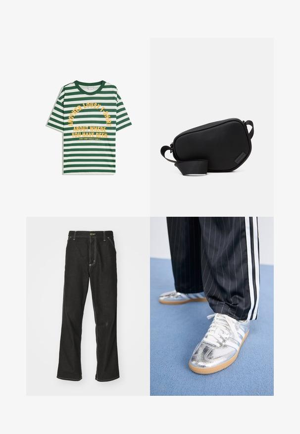 Zelené a bílé pruhované tričko s krátkým rukávem, kulatým výstřihem a žlutým potiskem se textem: "DALŠÍ HROZNÉ TRIČKO O TOM, KDE JSI BYL."; Černé denimové džíny s volným střihem, s kontrastním bílým prošíváním, zapínáním na knoflík a rovnými nohavicemi.; Metalické stříbrné tenisky s bílými tkaničkami a třemi bílými pruhy, doplněné černými kalhotami s tenkým proužkem. Gumová podrážka na spodní straně.; Černá crossbody taška se zipem, vyrobená z hladkého materiálu, s plochým tvarem, jedním popruhem a malým logem. Minimalistický design.