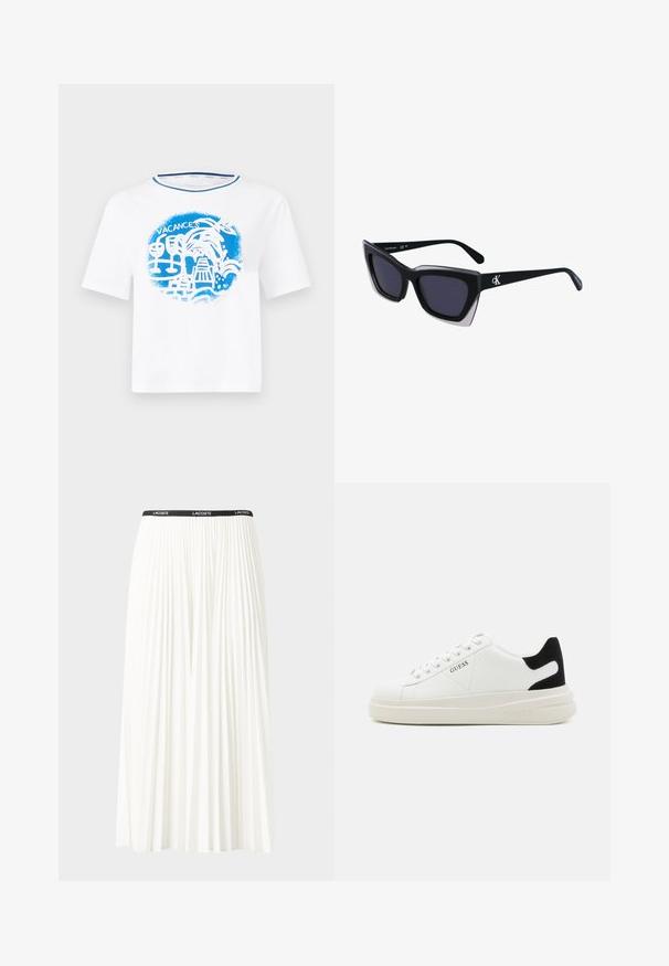 Balta kokvilnas T-kreka ar zilu grafiku, kurā ir tropiski elementi un vārds "VACANCES," īsām piedurknēm un apaļu kakla izgriezumu.; Gari plānas baltas svārku ar melnu elastīgu jostu, uz kuras redzams "LACOSTE" logo. Vidēja garuma dizains ar mīkstu tekstūru.; Baltas ādas sporta apavi ar biezu balto zoli, melna zamša uzpura un izspiestais logotips sānos. Šņorējuma dizains ar sešiem acu caurumiem.; Melni pārmēru saulesbrilles ar ģeometrisku formu, kas aprīkotas ar tumšiem stikliem un kontrastējošu pelēku akcentu uz rāmja. Logo uz kājas.