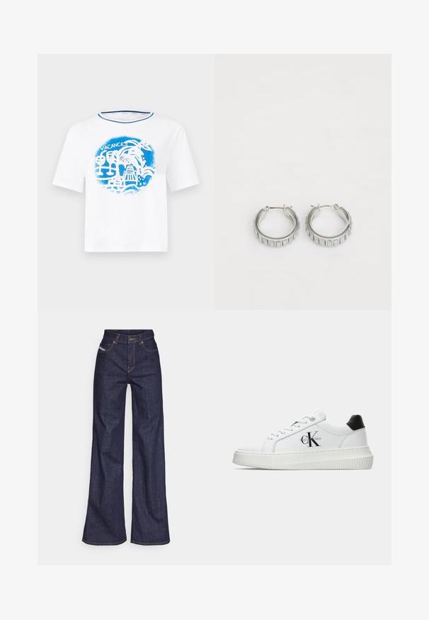 Weißes Baumwoll-T-Shirt mit einem blauen Grafikdesign, das tropische Elemente und das Wort "VACANCES" zeigt, Kurzarm und Rundhalsausschnitt.; Dunkelblaue weite Jeans aus Denimstoff mit hoher Taille, ausgestattet mit orangefarbenen Nähten, fünf Taschen und einem Knopfverschluss.; Weiße Low-Top-Sneaker mit schwarzem Fersenpatch, Plateau-Sohle, Schnürsenkeln und Calvin Klein "CK"-Logo an der Seite.; Silberne Creolen mit texturiertem Design und vertikalen Rillen. Kreisförmige Form mit sicherem Verschluss. Glatte Oberfläche.