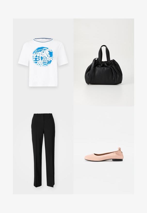 Hvid bomulds t-shirt med et blåt grafisk design, der har tropiske elementer og ordet "VACANCES", korte ærmer og rund halsudskæring.; Sorte skræddersyede bukser med lige ben-design, der har en glat tekstur og skarpe folder langs fronten. Ingen synlige hardware.; Lys rosa balletflade lavet af glat materiale med en afrundet tå, en fleksibel bagside og en lille sort hæl.; Sort læderhåndtaske med en samlet topdesign, der har to korte håndtag og en lang justerbar rem. Glat overflade, rund form.