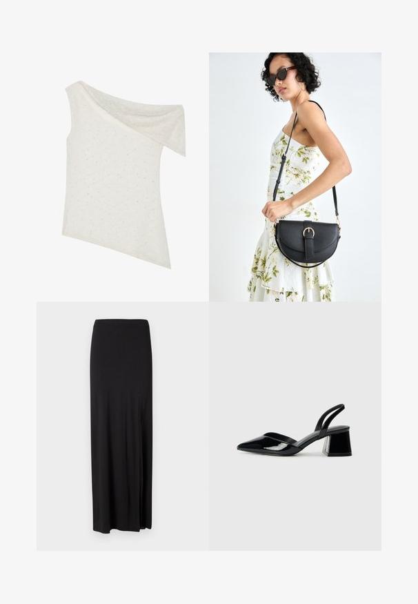 Kreminė off-the-shoulder palaidinė, pagaminta iš tekstūruotos medžiagos su subtiliomis taškeliais, asimetrine apatine dalimi ir drapiruotu iškirpimu.; Juoda maksi sijonas, pagamintas iš minkštos, elastingos medžiagos. Jame yra šoninė iškirptė ir paprastas, šiuolaikiškas dizainas be puošmenų.; Juodos lakuotos odinės šlepetės su smailiu pirštu ir geometriniu bloko kulnu. Turi elegantišką, minimalistinį dizainą ir lygų paviršių.; Juodas odinis krepšys su išlenkta forma, nuimamu dirželiu ir auksiniais detalėmis. Krepšys turi kilpą su sagtimi.