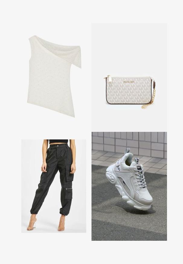 Schoudervrije top in crème, gemaakt van een gestructureerde stof met subtiele stippenpatronen, asymmetrische zoom en gedrapeerde halslijn.; Zwarte cargo broeken van lichtgewicht stof hebben meerdere zakken, elastische boorden en een ritszak aan de zijkant voor extra functionaliteit.; Witte sneaker van mesh en leer, met een ronde neus, dikke zool, opvallende veters en merklogo op de hak en tong.; Michael Kors polsbandje in beige gecoate canvas met een herhaald MK-logo patroon, gouden hardware en een afneembare kettingriem.