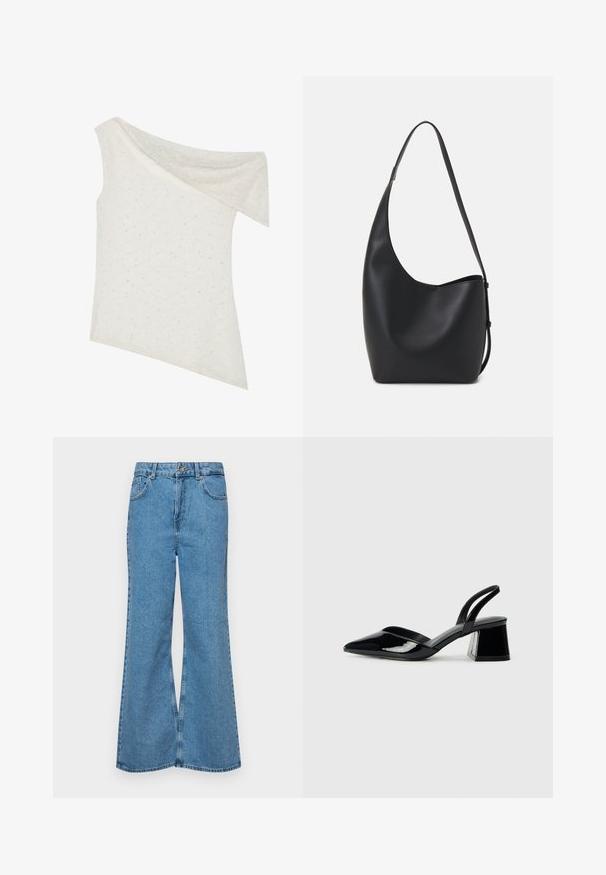 Top off-the-shoulder en color crema, hecho de un tejido texturizado con patrones de puntos sutiles, dobladillo asimétrico y escote drapeado.; Jeans acampanados de color azul claro hechos de denim, con una cintura alta, cinco bolsillos y un cierre de botón. Textura suave con acabado desgastado.; Zapatos de tacón slingback de charol negro con punta afilada y tacón geométrico en bloque. Presentan un diseño elegante y minimalista, así como una textura suave.; Bolso tipo hobo de cuero negro con una textura suave, forma curvada y una sola correa ajustable; presenta una amplia apertura en la parte superior.