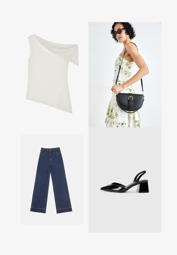 Horečkový top v krémovej farbe, vyrobený z texturovanej tkaniny s jemnými bodkovanými vzormi, asymetrický lem a drapovaný výstrih.; Džínsy s širokými nohavicami v tmavomodrom denime. Majú päť vreciek, pútka na opasok a surový spodný lem s viditeľnými švy.; Čierne lakované kožené sandálové podpätky s špicatou špičkou a geometrickým blokovým podpätkom. Disponujú elegantným, minimalistickým dizajnom a hladkým povrchom.; Čierna kožená kabelka s zaobleným tvarom, odnímateľným popruhom a zlatými doplnkami. Kabelka má klopu s detailom s prackou.