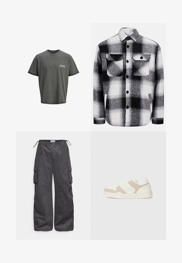 Siva bombažna majica s krojem okrog vratu, kratkimi rokavi in natisnjenim logotipom na levem prsnem delu. Ima kontrastno prešite robove.; Črnobela karo flanelska srajca, ki ima dva sprednja žepa, gumbaste zaponke in mehak material. Klasičen kariran vzorec.; Sive hlače s teksturirano tkanino, elastičnim pasom, vrvico in stranskimi žepi. Ohlapen kroj z širokimi nogavicami.; Bež in bela športna obuvala z mešanico gladkih in semiš tekstur, okroglo konico, vezalni sistem in raven gumijast podplat.
