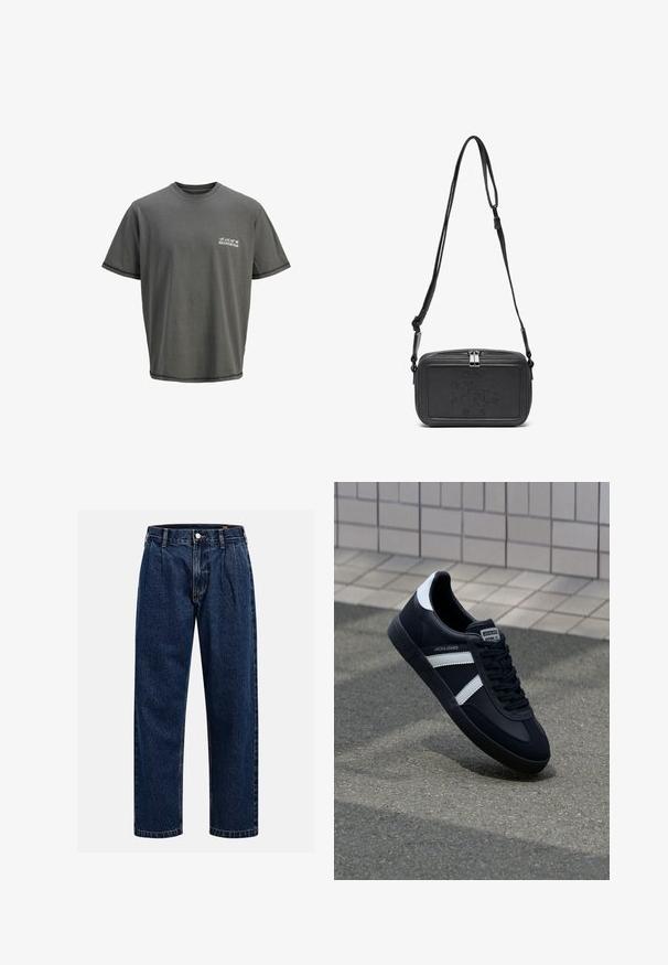 Šedé bavlněné tričko s kulatým výstřihem, krátkými rukávy a tištěným logem na levém prsu. Obsahuje kontrastní lemování.; Tmavě modré džíny s rovnými nohavicemi. Mají viditelné švy, zapínání na knoflík a přední záhyby pro zvýraznění detailu.; Černé kožené tenisky s bílými pruhy, texturovanou gumovou podrážkou a šněrováním vpředu. Obsahují značenou etiketu na jazyku.; Černá kožená taška přes rameno s uzávěrem na zip, vyraženým logem na přední straně a nastavitelným popruhem. Hladký povrch s obdélníkovým tvarem.